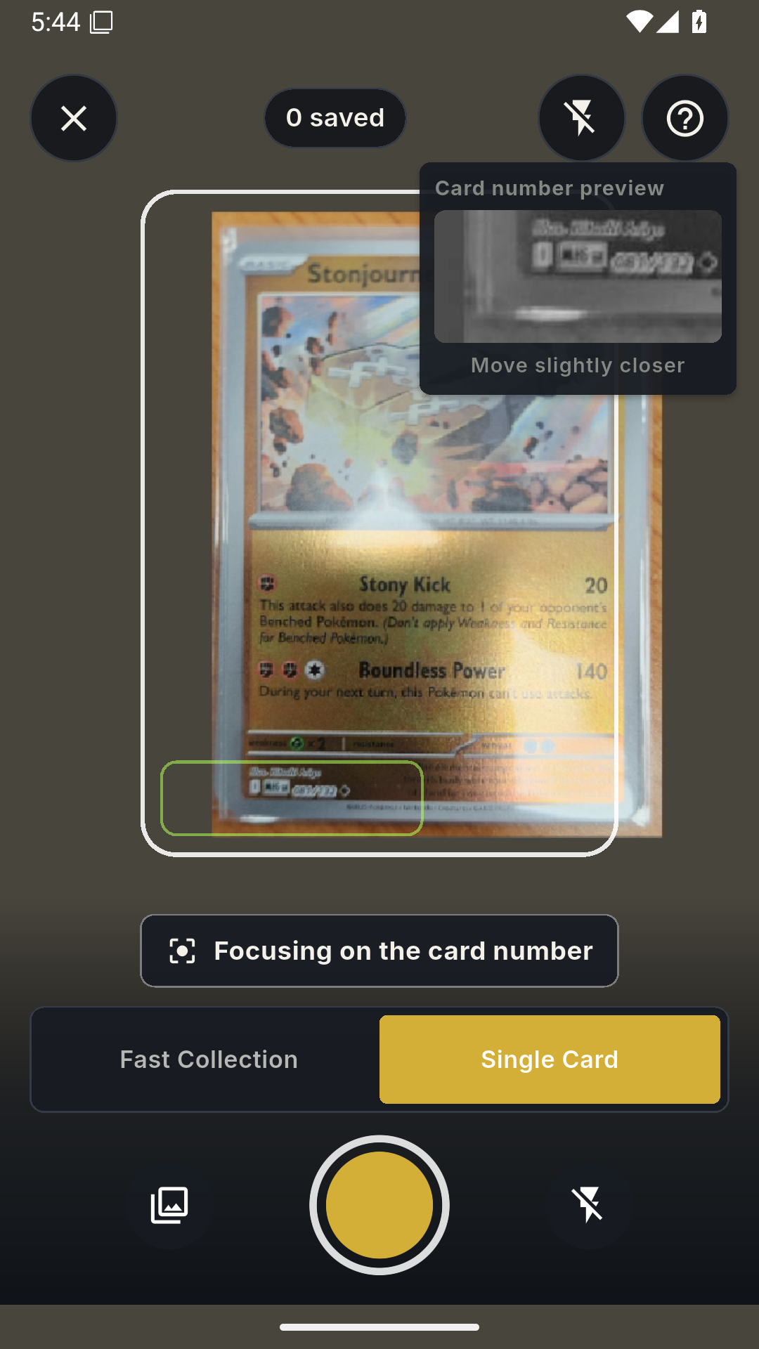 CardScanR scanner focusing on a Pokémon card collector number in Single Card mode