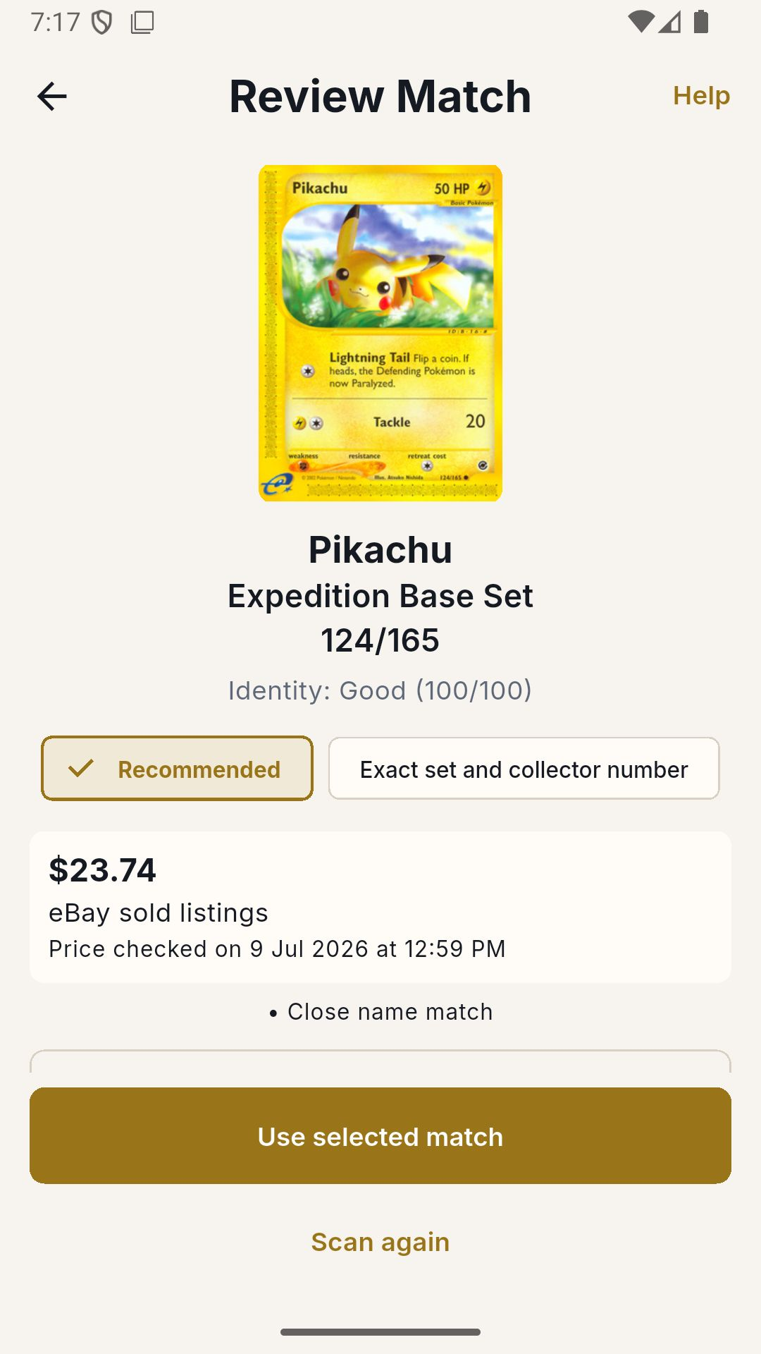 Review Match screen confirming Pikachu Expedition Base Set with pricing before saving