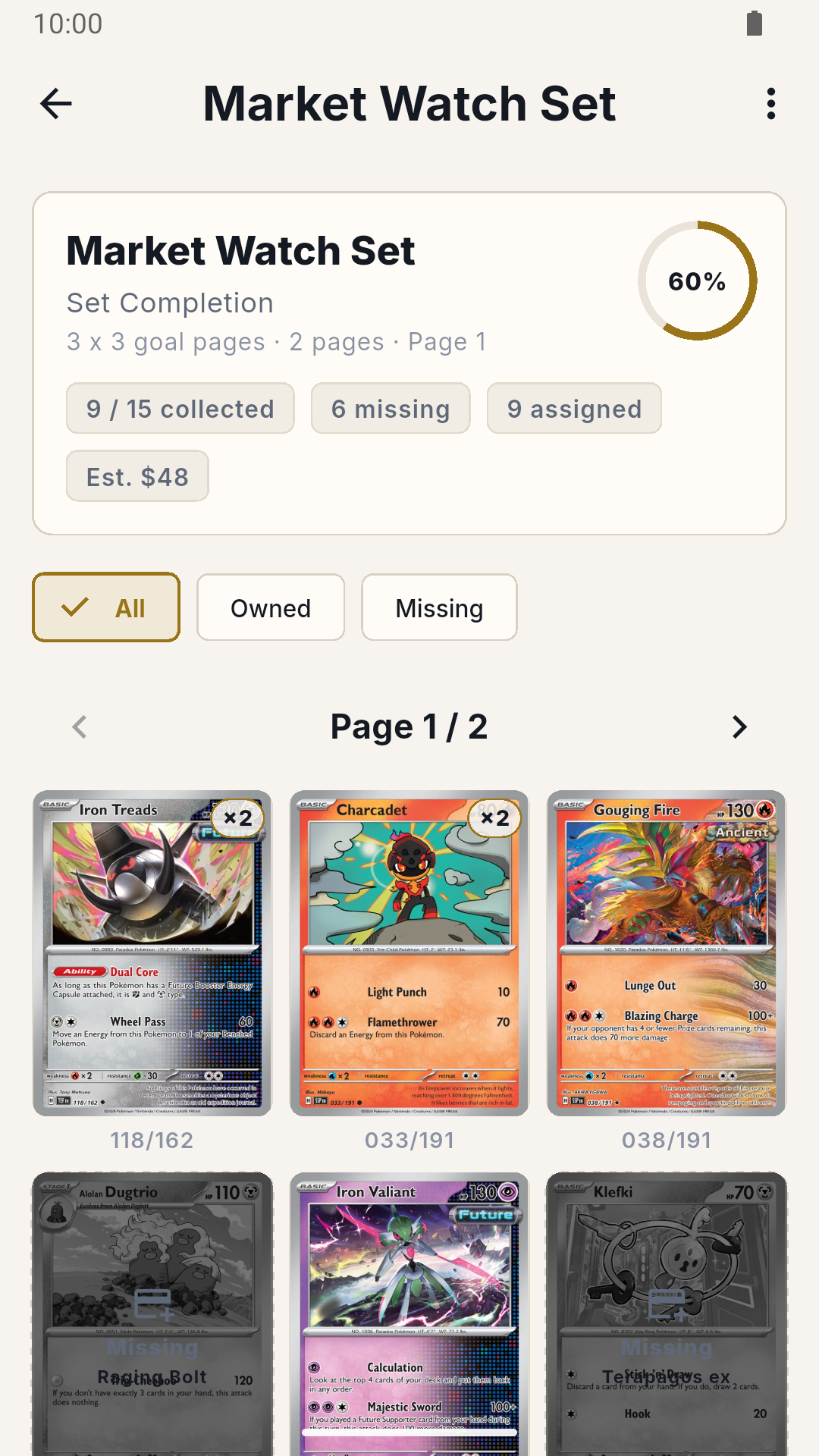 Digital binder page with collected cards, missing slots and progress