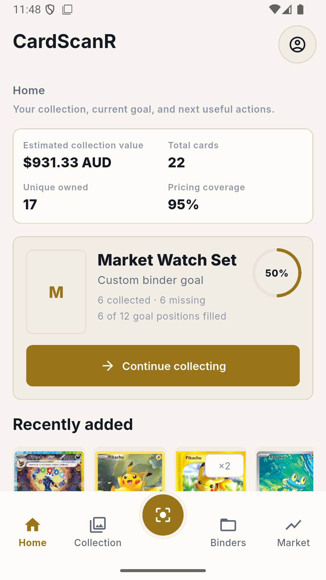 CardScanR home dashboard showing estimated collection value, binder goal progress, and recently added cards